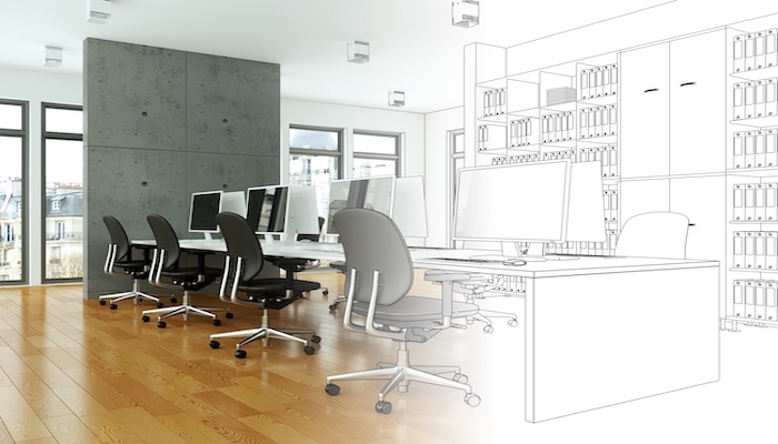 Interior,design,office,drawing,gradation,into,photograph,3d,illustration