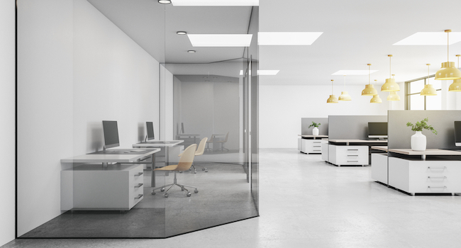 Side,view,on,modern,open,space,office,with,two,isolated